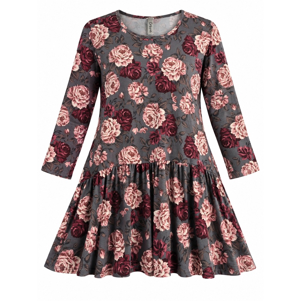Grayson Floral Babydoll Tunic Top XL Gray Burgundy Rose Print 3/4 Sleeve Pockets